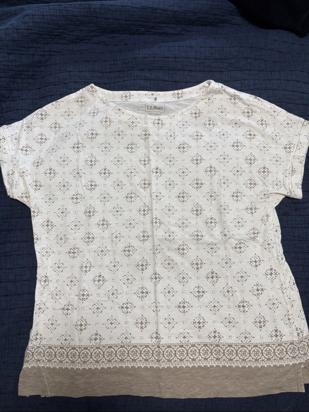 L.L. Bean White Eyelet Short Sleeve Top with Tan Hem